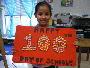 February 10 was the 100th day of the school year. Lorena Torres of Seadrift  School shows off her 100th day project.