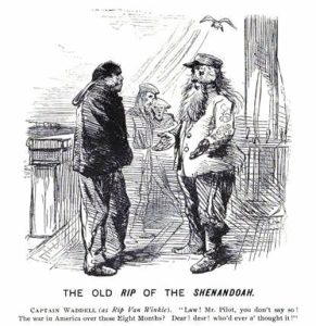 Editorial cartoon showing Confederate Captain James Waddell still engaging in combat after the Civil War was over.