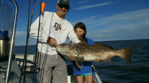 Clara Flessner (10 years old), caught this 42” black drum in Saluria on March 11 using live shrimp. It weighed approximately 60 pounds and took her about 30 minutes to land. Dad, Jeremy, had to pull anchor to prevent her reel from being spooled by the dinosaur!