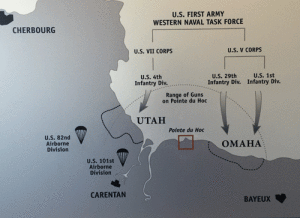 Map showing Utah Beach, Pointe du Hoc, and Omaha Beach
