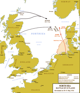 Map showing the routes of the British and German Fleets to the Battle of Jutland