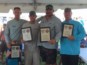 Shrimpfest Open Fishing Tournament Winners - 1st Place Team Waterloo Bart Caron, Brett Caron, Jimmy Burns, Michael Urban (Names of members of both teams not necessarily in order as pictured.)