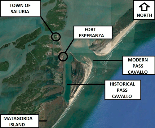 Pass Cavallo Civil War: Satellite Picture of the Pass Cavallo Area in 2016 with labels added showing the present day locations of the town of Saluria and Fort Esperanza – Picture Source Google Earth 