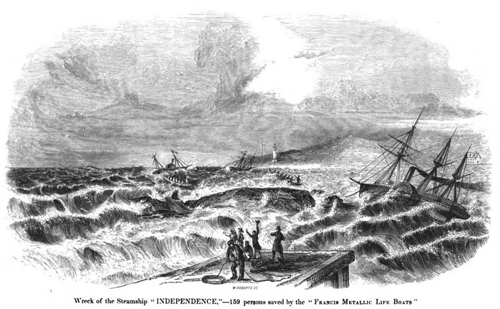 SS Independence Wreck Period drawing from an advertisement for metal life boats showing attempts to rescue the passengers and crew from the Morgan Steamship SS Independence wrecked at the entrance to Pass Cavallo in 1852, the depiction of the surrounding terrain is not accurate. Picture Source Francis’ Metallic Life-Boat Company Advertisement 