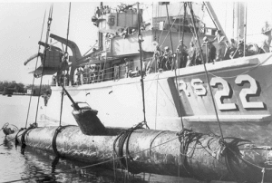 Japanese Mini-submarine being salvaged that was found in Keehi Lagoon off of Honolulu in 1960.