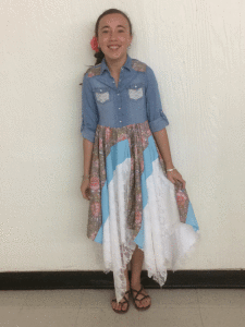 Brooklyn Redmond 13 participated in Calhoun County 4H Fashion Show on Tuesday March 7, 2017. She chose to enter the Refashion category. She used an old denim shirt and added the skirt to it.  She used a men’s shirt, woman’s skirt and an old lace table cloth to make the skirt. She will participate in District Fashion show in Victoria in April. 