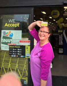 Susan Braudaway was first in line for the opening of the new Dollar General in Port O’Connor, February 15. 