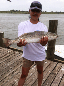 Nancy from the DFW area with a 26 inch trout that she caught on her first saltwater fishing trip. She caught the fish on a live shrimp while fishing with Capt. RJ Shelly on May 27th. 