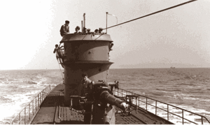 German Submarine U-166 underway showing the 105mm deck gun with protective cap. -Picture courtesy of the PAST Foundation
