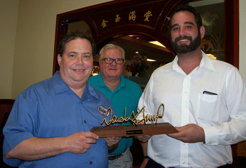 Thomas Bull of Port Lavaca presented a hand-made desk name plate to Congressman Blake Farenthold as a gift for President Trump. Thomas fashioned the item of metal and wood with hammer, chisel, punch and torch, duplicating the President’s signature. Thomas learned his craft from his late grandfather, Billy Bull, “the National Welder of Texas” who made name plates for U.S. Presidents beginning with Reagan, and also for Texas Governors. Pictured above (L to R): Congressman Blake Farenthold; Russell Cain, President of the Calhoun County Republican Club; and Thomas Bull.