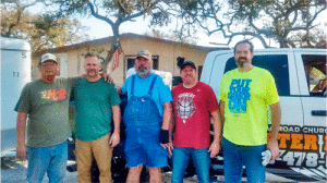 POC resident Gary Prince (L to R) was blessed by the group. Joe Crawford, Edmond, Oklahoma, is the senior pastor in charge of the Disaster Relif Ministry. David, Walker, POC Resident, was the local coordinator for their efforts. Russ Lobaugh, a lawyer by trade, came with the Oklahoma group and worked so hard to see supplies delivered where they would most help. Blair Horst, one of the business managers for Memorial Road Church of Christ completed the team with his giving spirit. -Kelly Gee