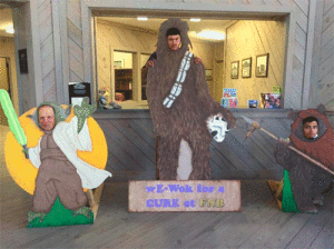 City of Seadrift Employees- Terry Maddux, Noah Rodriguez & Draven Adame pose with our character cut outs made by a couple of very talented FNB employees (Linda Johnson & Lisa Rogers)! 