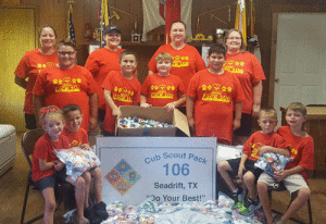 Seadrift Cub Scouts Pack 106 and Seadrift School worked together to collect 55 gallons of plastic caps for cancer treatments. 