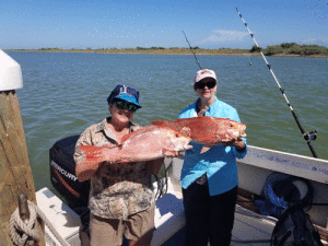 Retired school teachers and fishing buddies Mary Sklar and Elyse Ross caught nice snapper with Capt. Roger Ross. It was Mary’s first snapper.