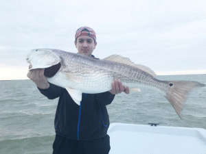 Rylie Reed from Greenville, TX with a Bull Redfish that he caught while fishing with Capt. RJ Shelly.  The trip was part of a Bachelor Party for his brother. This was Rylie’s first saltwater fishing trip.