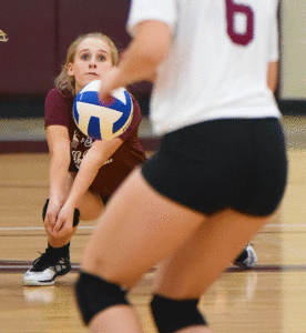 Calhoun’s Elle O’Donnell digs the ball during Wednesday night’s Victoria College Chick-fil-A All-Star Volleyball Game at VC’s Sports Center.