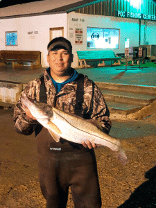 Arturo Sanchez caught this Snook Sunday afternoon, January 7, out of Barroom Bay. Measuring 33 inches and weighing 19 lbs., it was hooked on a live finger mullet and released after this picture was taken.