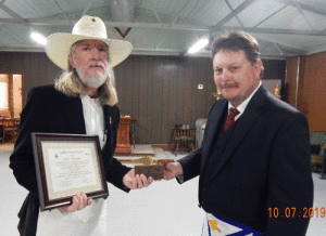 Recipiant of The Golden Trowel Award presented to Masonic Bro. Jack L. Etheridge, Seadrift Lodge #1098 by DDGM Larry Patterson in recognition of his exemplary, superior, and dedicated service to the community and Masonry. 