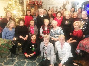 On Dec. 10, 2019, the “Hooked On Books” Book Club held its annual Christmas Party, and 28 lovely ladies braved the chilly temperatures to attend. The group was treated to a delicious meal of chicken spaghetti with various salads, side dishes, and a huge array of scrumptious desserts. After a brief discussion of December’s Book, “The Tattoist of Auschwitz”, the ladies participated in a lively and highly competitive “Chinese Christmas Gift Exchange”, with lots of good natured “stealing” of gifts, lots of laughter and visiting, and an abundance of Christmas Spirit and Good Cheer!! -Alane Haardt