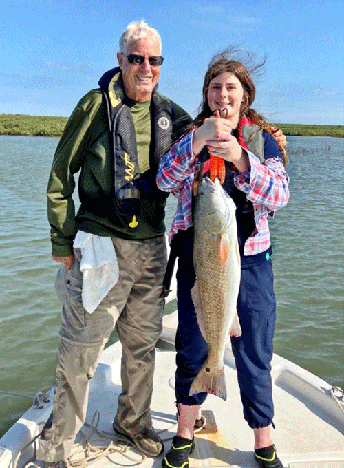 Granddaughter, Ayelet, has been fishing in Port O’Connor since she was four years old.  Over the Thanksgiving holiday she landed and released this beautiful redfish.  We were so happy for her as her visit was very short and we only had one good day of weather.  She is now eleven years old and, fortunately, she is still excited about fishing.  I’m guessing it runs in the family!  -Dave Pope