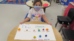 In Kindergarten Science at POC Elementary in Ms. Peters’ class, the children were introduced to the solar system and made models of the planets out of playdough. Pictured is Carter Stringo with her poster.