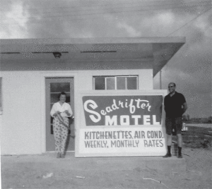 Lillian and Van Stubbs in front of their Seadrifter Motel