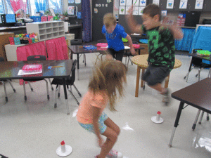 Port O’Connor Kindergarten class were practicing the Nursery Rhyme “Jack Be Nimble” while acting it out. Pictured in action-Andi Murray, Drew Minkner, and Brody Tubbs. -Monica Peter