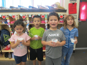 When learning about the weather, Ms. Peters’ Kindergarten class at Port O’Connor School enjoyed a “cloud” snack.  Left to right: Ashlynn Austin, Osvin Guitierrez, Drew Minkler, Andi Murray.