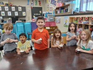 	In remembrance of Groundhog Day, Ms. Peters’ Kindergarten class at POC School enjoyed a groundhog snack.  Left to right: Rhys McCauley, Kayden Cardenas, Drew Minkner, Andi Murray, Alessia Smith, and Avery Williamson.