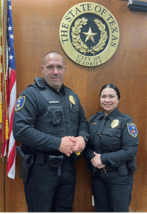 Pictured on the left is the newest member of the Seadrift Police Department. Seadrift Patrolman James Easley, Jr. received his badge making it all official…there’s a new cop in town! Pictured to his right is a very proud Chief of Police Marie Carisalez who did the honors of pinning the badge on the new patrolman. 