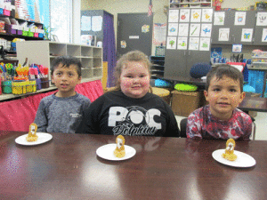 For Groundhog Day, Ms. Peters’ Kindergarten class at Port O’Connor Elementary made edible groundhogs. Left to right-Osvin Guiterrez, Alexis Taylor, and Andrew Martinez.