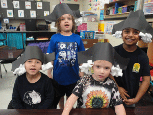 POC Kindergarten made hats and hair to look like George Washington. Seated left to right-Alex Guiterrez and McKinley Dufner.  Standing left to right AJ Guzman and Shivaay Patel