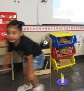 Ms. Peters’ Port O’Connor Kindergarten class were practicing the rhyme “Jack Be Nimble”. As reciting it they would say their name in place of Jack.  Pictured is Destiny Banda demonstrating