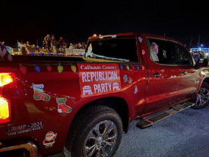 Port Lavaca’s Christmas Parade had 70 entrants this year. One was the Republican Party with Connie Hunt, Carol & John Stewart, Bert Road, and Russell Cain honking the truck horn all the way.